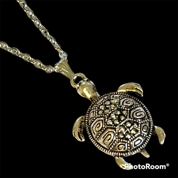Silver Sea Turtle Necklace Marcasite Crystal Stainless Steel 20" Chain Plated - Picture 3 of 13